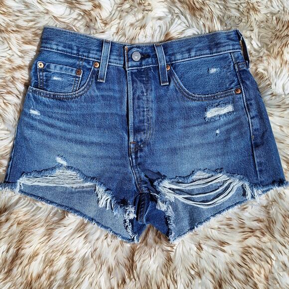 Levi 501 Vintage high waisted button fly cutoff denim short shorts distressed 26 - Picture 1 of 6